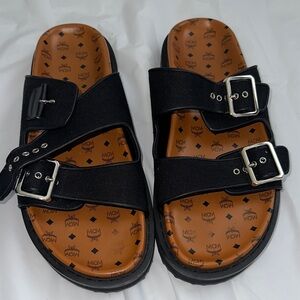 MCM Black Canvas Double-Buckle Sandal with Cognac Monogram Insole